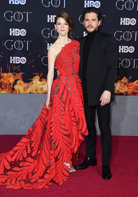 Scotish actress Rose Leslie and husband British actor Kit Harington arrive for the "Game of Thrones" eighth and final season premiere at Radio City Music Hall on April 3, 2019 in New York city. (Photo by Angela Weiss / AFP)